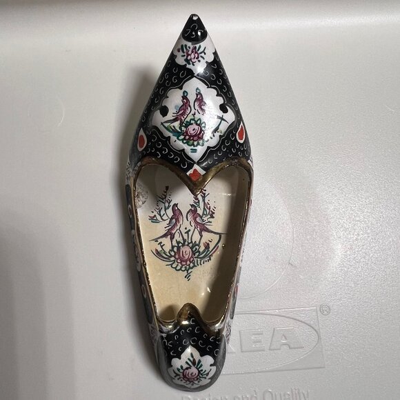 Antique 1900's Persian Enamel on Copper Islamic Art Paint Shoe Ashtray Black Pro - Picture 1 of 8